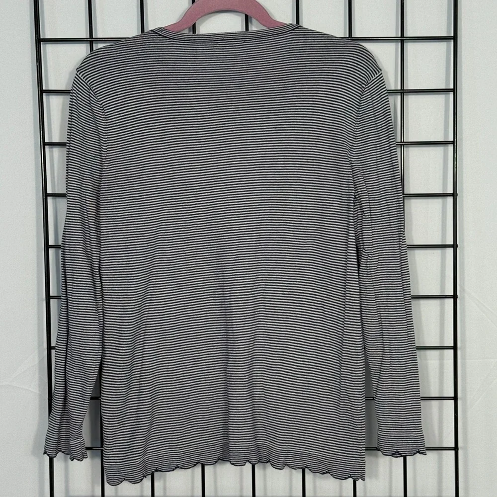 J. McLaughlin‎ Shirt Womens L Large Blue White Stripe Cashmere Blend Scallop Hem